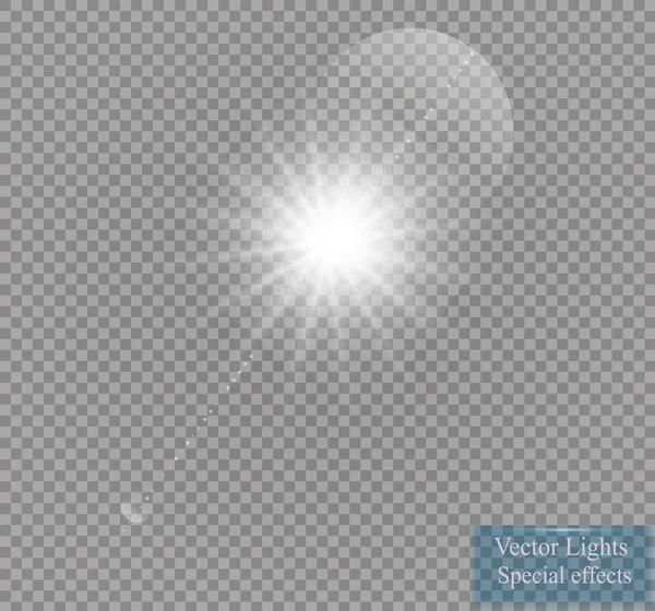 Efecto de luz de destello de lente especial de luz solar transparente vectorial. Flash de sol con rayos y proyector — Archivo Imágenes Vectoriales