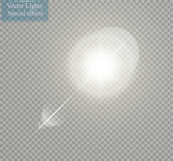 Efecto de luz de destello de lente especial de luz solar transparente vectorial. Flash de sol con rayos y proyector — Archivo Imágenes Vectoriales