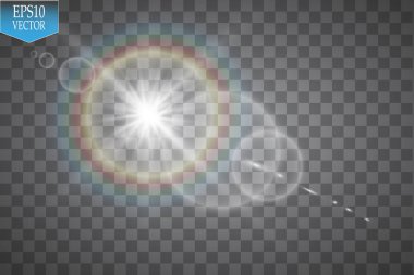 Vektör şeffaf güneş ışığı özel lens ışık efekti. Güneş ışığı ve spot ışıklarıyla parlıyor