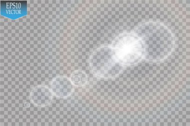 Vektör şeffaf güneş ışığı özel lens ışık efekti. Güneş ışığı ve spot ışıklarıyla parlıyor