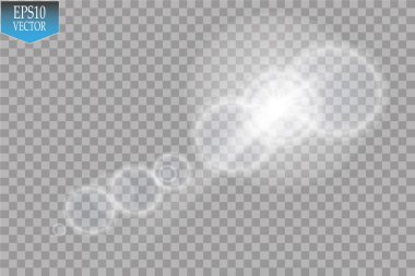 Vektör şeffaf güneş ışığı özel lens ışık efekti. Güneş ışığı ve spot ışıklarıyla parlıyor