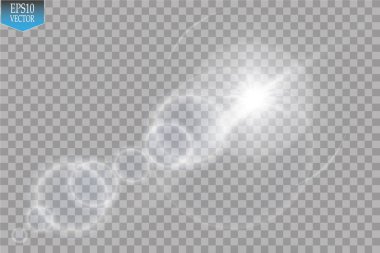 Vektör şeffaf güneş ışığı özel lens ışık efekti. Güneş ışığı ve spot ışıklarıyla parlıyor