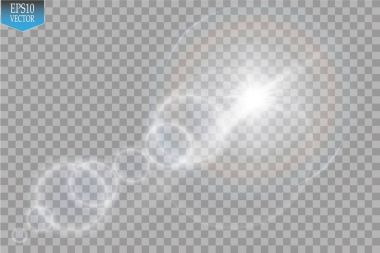 Vektör şeffaf güneş ışığı özel lens ışık efekti. Güneş ışığı ve spot ışıklarıyla parlıyor