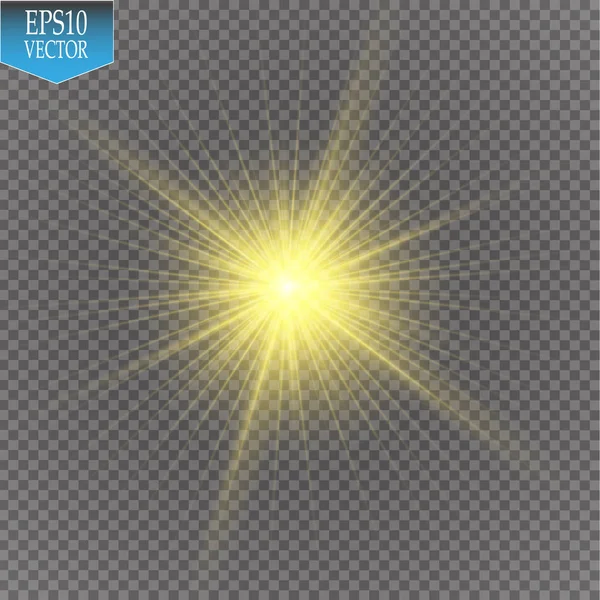 Parlak ışık efekti. Şeffaf arkaplanda parıldayan yıldız patlaması. Vektör illüstrasyonu.