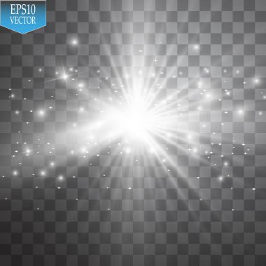 Parlak ışık efekti. Şeffaf arkaplanda parıldayan yıldız patlaması. Vektör illüstrasyonu.