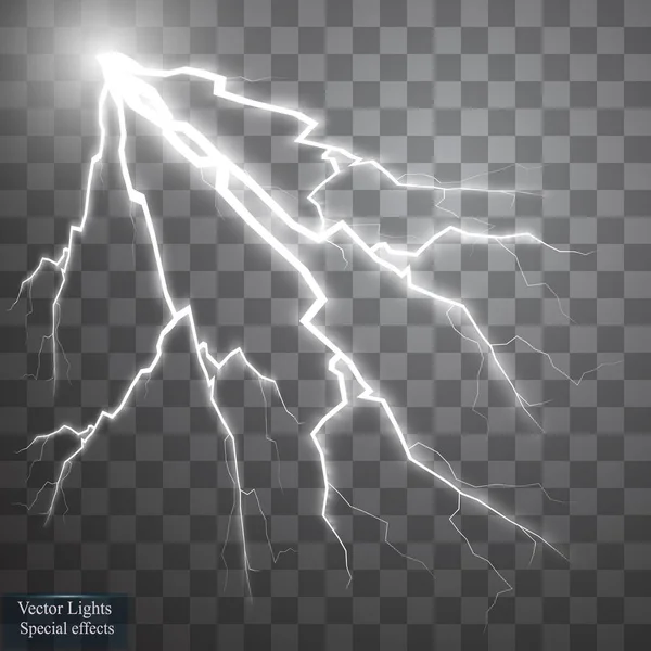 Conjunto de relámpagos. Tormenta y relámpagos. Efectos de iluminación mágicos y brillantes . — Archivo Imágenes Vectoriales