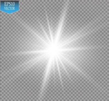 Parlak ışık efekti. Şeffaf arkaplanda parıldayan yıldız patlaması. Vektör illüstrasyonu.