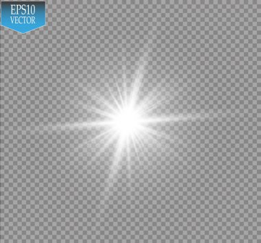 Parlak ışık efekti. Şeffaf arkaplanda parıldayan yıldız patlaması. Vektör illüstrasyonu.