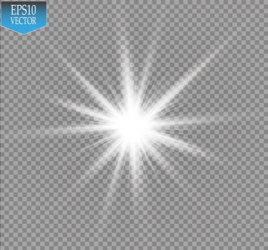 Parlak ışık efekti. Şeffaf arkaplanda parıldayan yıldız patlaması. Vektör illüstrasyonu.