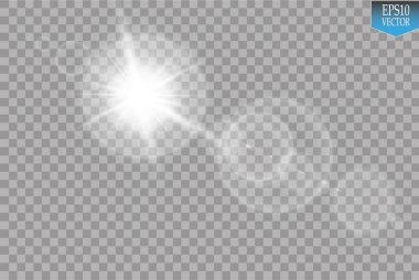 Vektör şeffaf güneş ışığı özel lens ışık efekti. Güneş ışığı ve spot ışıklarıyla parlıyor