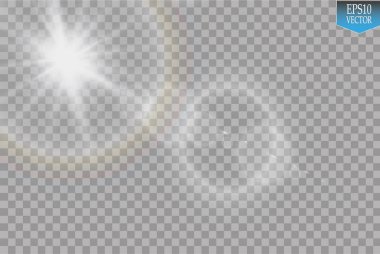 Vektör şeffaf güneş ışığı özel lens parlama ışık efekti. Şeffaf backgraund üzerinde ışınları ve spot ışığı ile Güneş flaş. Vektör