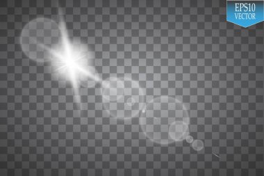 Vektör şeffaf güneş ışığı özel lens parlama ışık efekti. Şeffaf backgraund üzerinde ışınları ve spot ışığı ile Güneş flaş. Vektör