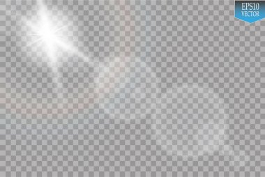 Vektör şeffaf güneş ışığı özel lens parlama ışık efekti. Şeffaf backgraund üzerinde ışınları ve spot ışığı ile Güneş flaş. Vektör