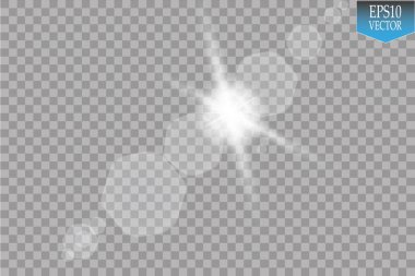 Vektör şeffaf güneş ışığı özel lens ışık efekti. Güneş ışığı ve spot ışıklarıyla parlıyor