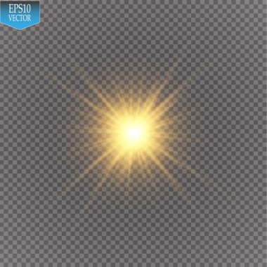 Parlak ışık efekti. Şeffaf arkaplanda parıldayan yıldız patlaması. Vektör illüstrasyonu.