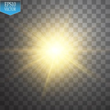 Parlak ışık efekti. Şeffaf arkaplanda parıldayan yıldız patlaması. Vektör illüstrasyonu.
