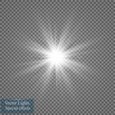 Parlak ışık efekti. Şeffaf arkaplanda parıldayan yıldız patlaması. Vektör illüstrasyonu.