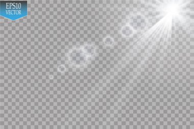 Vektör şeffaf güneş ışığı özel lens ışık efekti. Güneş ışığı ve spot ışıklarıyla parlıyor