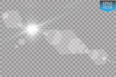 Vektör şeffaf güneş ışığı özel lens ışık efekti. Güneş ışığı ve spot ışıklarıyla parlıyor
