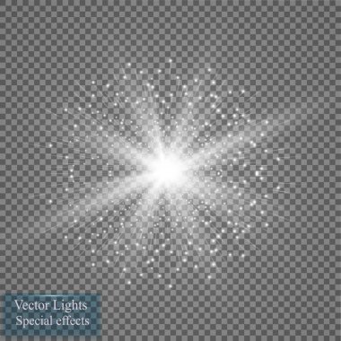 Parlak ışık efekti. Şeffaf arkaplanda parıldayan yıldız patlaması. Vektör illüstrasyonu.