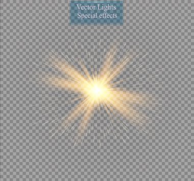 Parlak ışık efekti. Şeffaf arkaplanda parıldayan yıldız patlaması. Vektör illüstrasyonu.