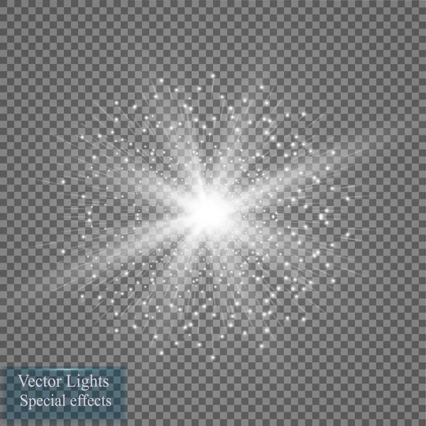 Parlak ışık efekti. Şeffaf arkaplanda parıldayan yıldız patlaması. Vektör illüstrasyonu. — Stok Vektör