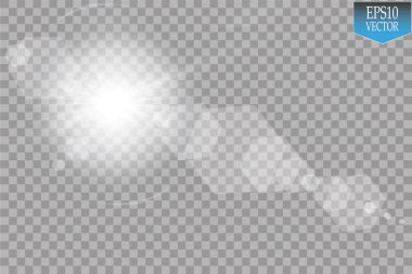 Vektör şeffaf güneş ışığı özel lens ışık efekti. Güneş ışığı ve spot ışıklarıyla parlıyor