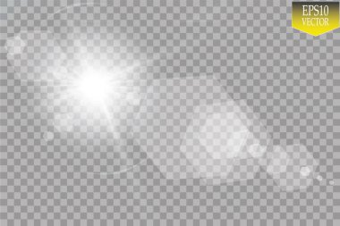 Vektör şeffaf güneş ışığı özel lens ışık efekti. Güneş ışığı ve spot ışıklarıyla parlıyor