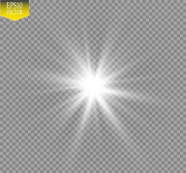 Parlak ışık efekti. Şeffaf arkaplanda parıldayan yıldız patlaması. Vektör illüstrasyonu.