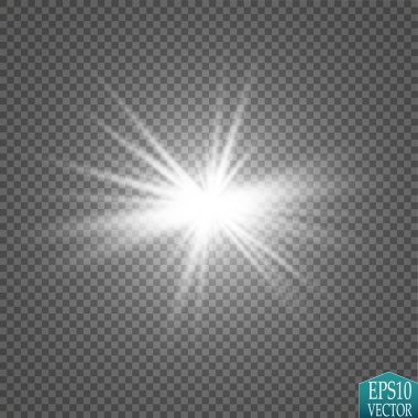 Parlak ışık efekti. Şeffaf arkaplanda parıldayan yıldız patlaması. Vektör illüstrasyonu.