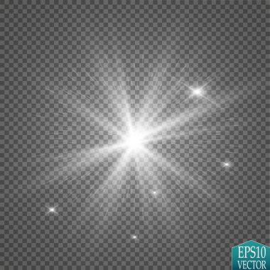Parlak ışık efekti. Şeffaf arkaplanda parıldayan yıldız patlaması. Vektör illüstrasyonu.