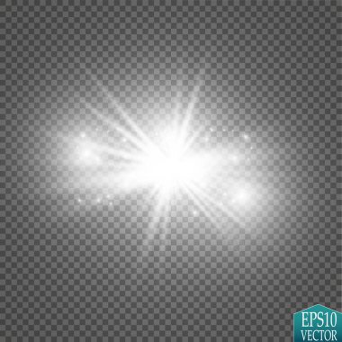 Parlak ışık efekti. Şeffaf arkaplanda parıldayan yıldız patlaması. Vektör illüstrasyonu.