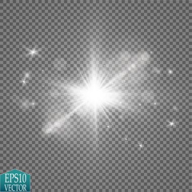 Parlak ışık efekti. Şeffaf arkaplanda parıldayan yıldız patlaması. Vektör illüstrasyonu.