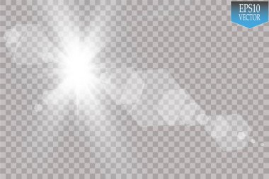 Vektör şeffaf güneş ışığı özel lens ışık efekti. Güneş ışığı ve spot ışıklarıyla parlıyor