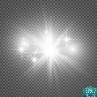 Parlak ışık efekti. Şeffaf arkaplanda parıldayan yıldız patlaması. Vektör illüstrasyonu.