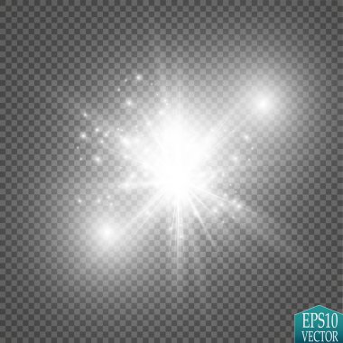 Parlak ışık efekti. Şeffaf arkaplanda parıldayan yıldız patlaması. Vektör illüstrasyonu.