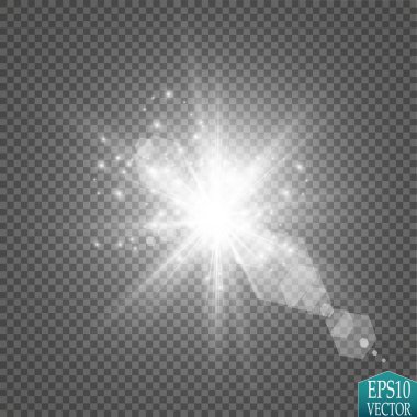 Vektör şeffaf güneş ışığı özel lens ışık efekti. Güneş ışığı ve spot ışıklarıyla parlıyor