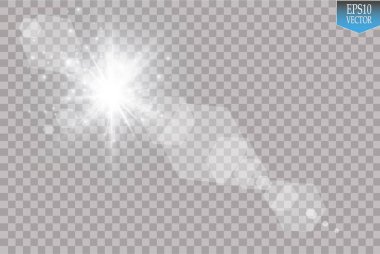 Vektör şeffaf güneş ışığı özel lens ışık efekti. Güneş ışığı ve spot ışıklarıyla parlıyor
