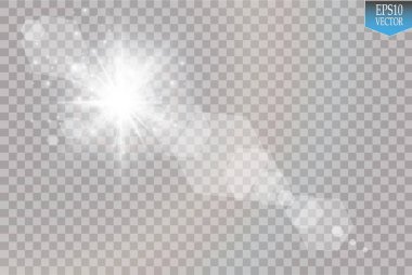 Vektör şeffaf güneş ışığı özel lens ışık efekti. Güneş ışığı ve spot ışıklarıyla parlıyor