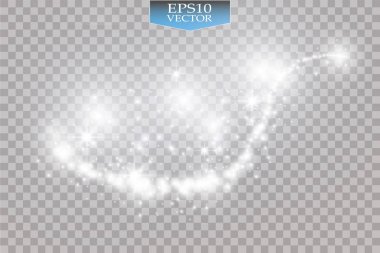 Işık şeffaf arka plan yok. Vektör beyaz glitter dalga soyut çizim. Beyaz yıldız tozu trail parlak parçacık izole.