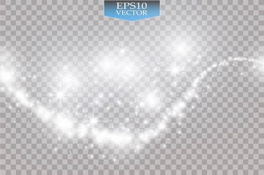 Işık şeffaf arka plan yok. Vektör beyaz glitter dalga soyut çizim. Beyaz yıldız tozu trail parlak parçacık izole.