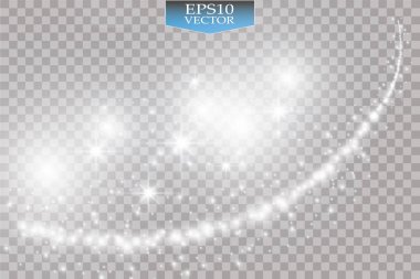 Işık şeffaf arka plan yok. Vektör beyaz glitter dalga soyut çizim. Beyaz yıldız tozu trail parlak parçacık izole.