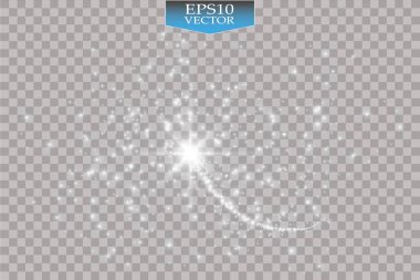 Işık şeffaf arka plan yok. Vektör beyaz glitter dalga soyut çizim. Beyaz yıldız tozu trail parlak parçacık izole.