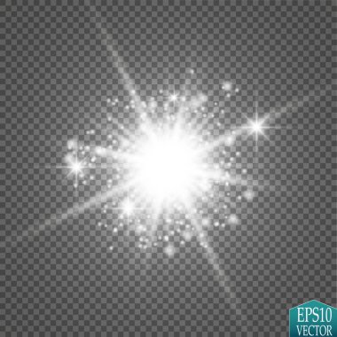 Parlak ışık efekti. Şeffaf arkaplanda parıldayan yıldız patlaması. Vektör illüstrasyonu.