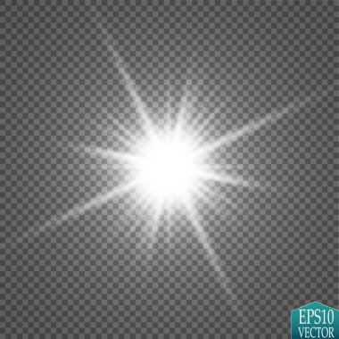 Parlak ışık efekti. Şeffaf arkaplanda parıldayan yıldız patlaması. Vektör illüstrasyonu.