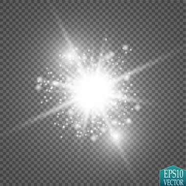 Parlak ışık efekti. Şeffaf arkaplanda parıldayan yıldız patlaması. Vektör illüstrasyonu.