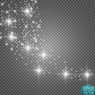 Vektör beyaz glitter dalga çizim. Beyaz yıldız tozu trail köpüklü parçacıkları üzerinde şeffaf arka plan izole.