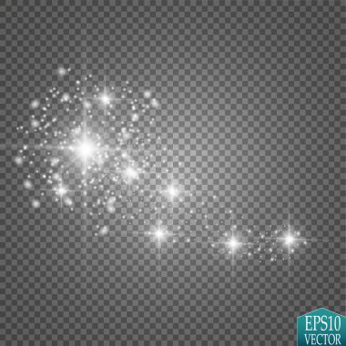Vektör beyaz glitter dalga çizim. Beyaz yıldız tozu trail köpüklü parçacıkları üzerinde şeffaf arka plan izole.