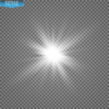 Parlak ışık efekti. Şeffaf arkaplanda parıldayan yıldız patlaması. Vektör illüstrasyonu.