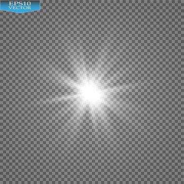Parlak ışık efekti. Şeffaf arkaplanda parıldayan yıldız patlaması. Vektör illüstrasyonu.
